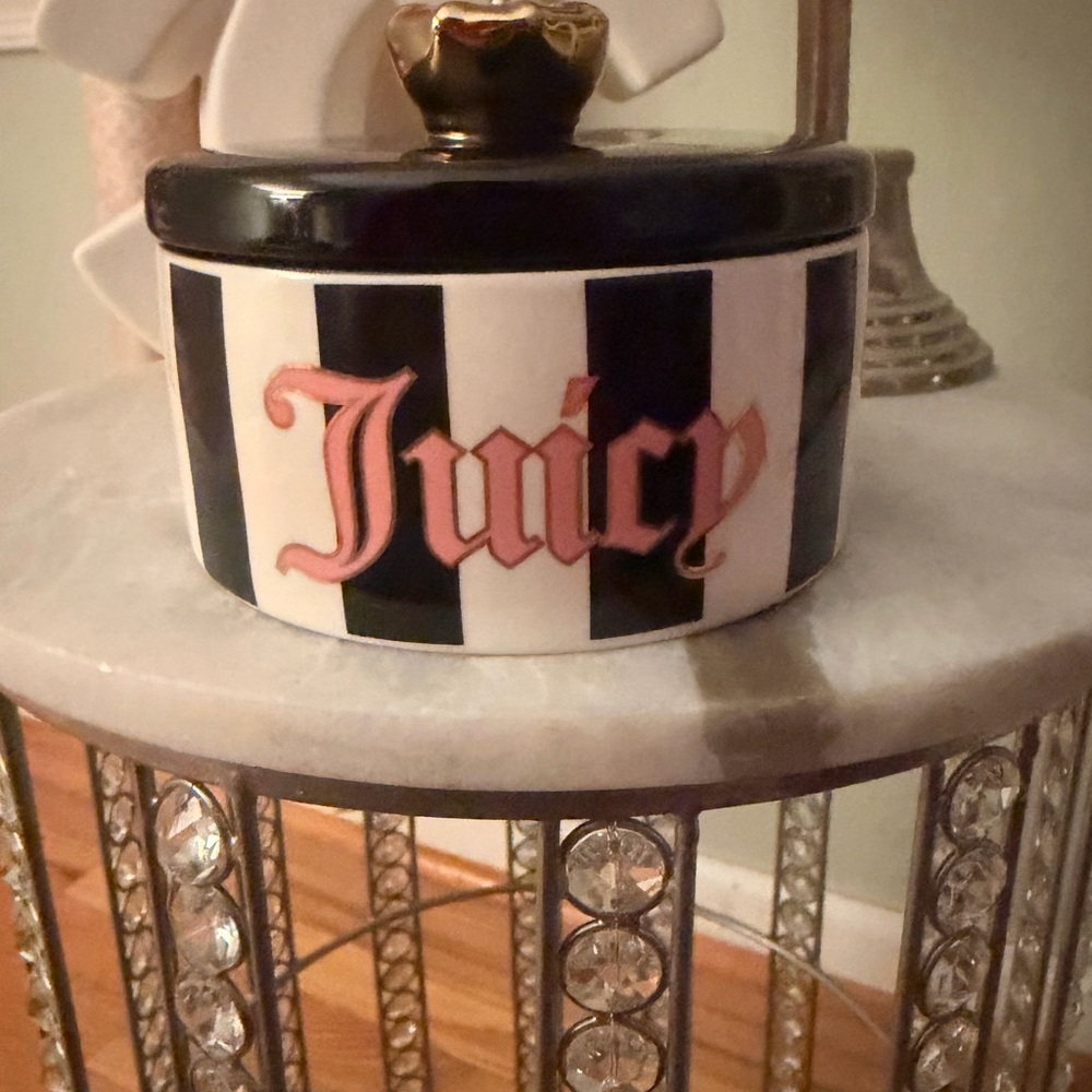 Juicy Couture Black and White Striped Ceramic Container with lid.